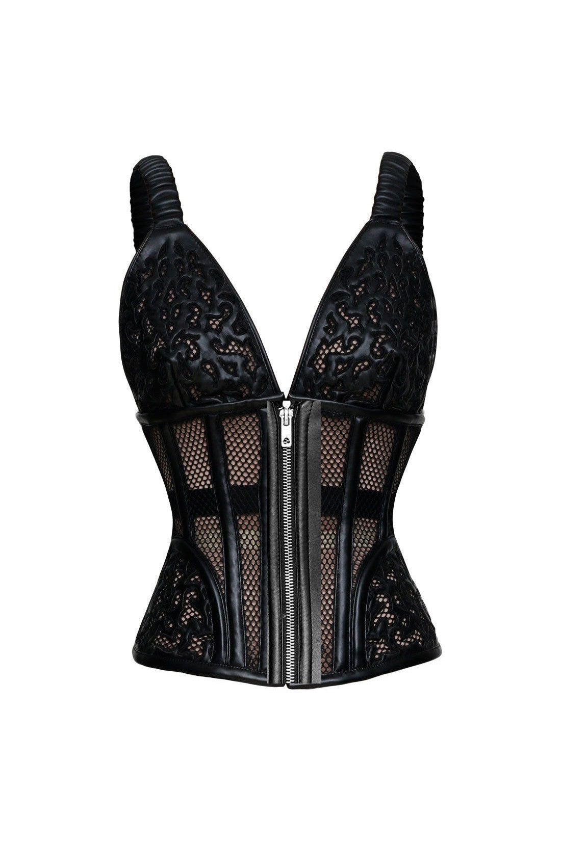 Sexy Ladies Black Vegan Leather w/ Detail at Bust Wire Metal Corset