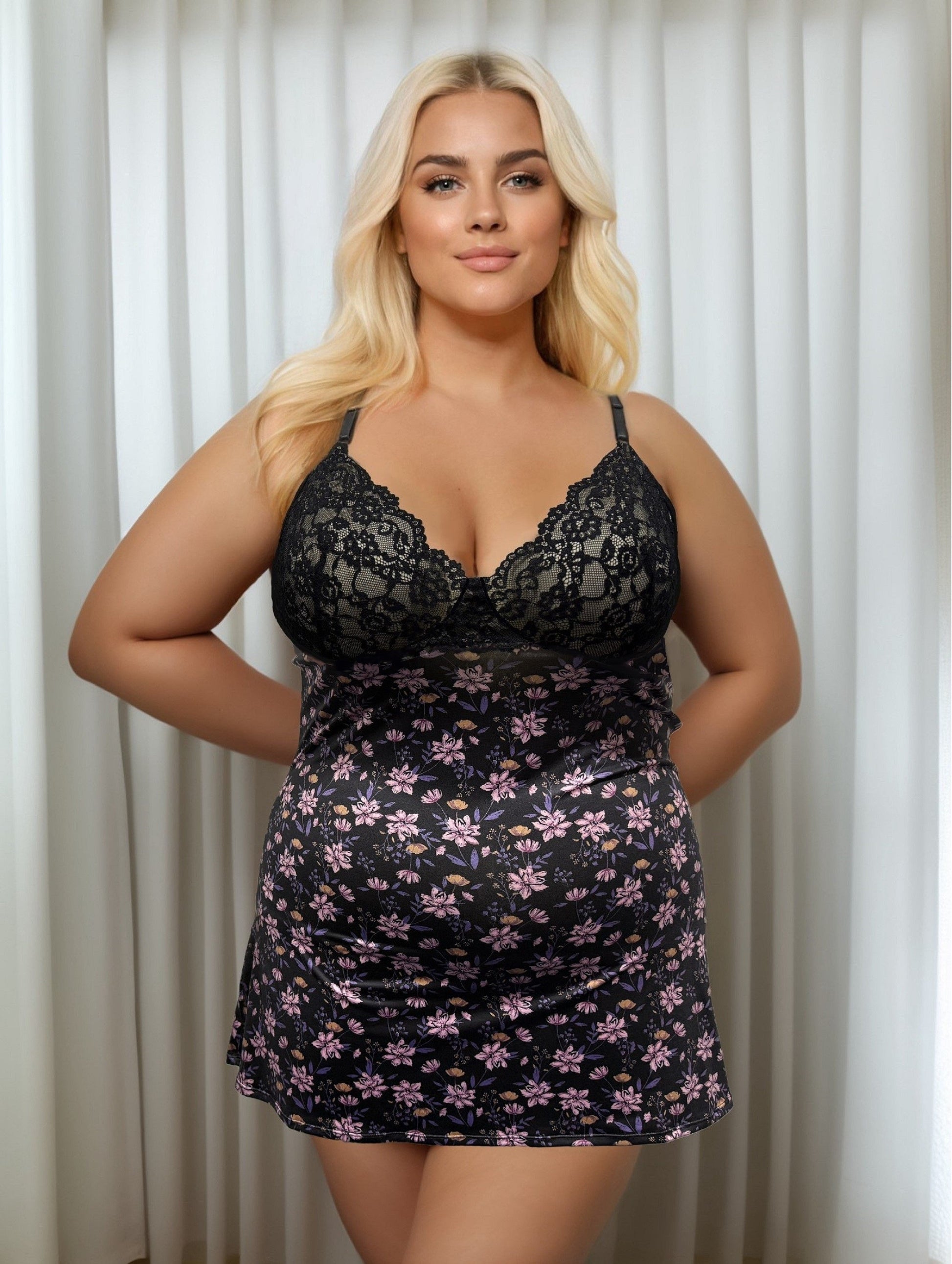 Ladies Pink Floral Printed Chemise with Lace Detail at Bust