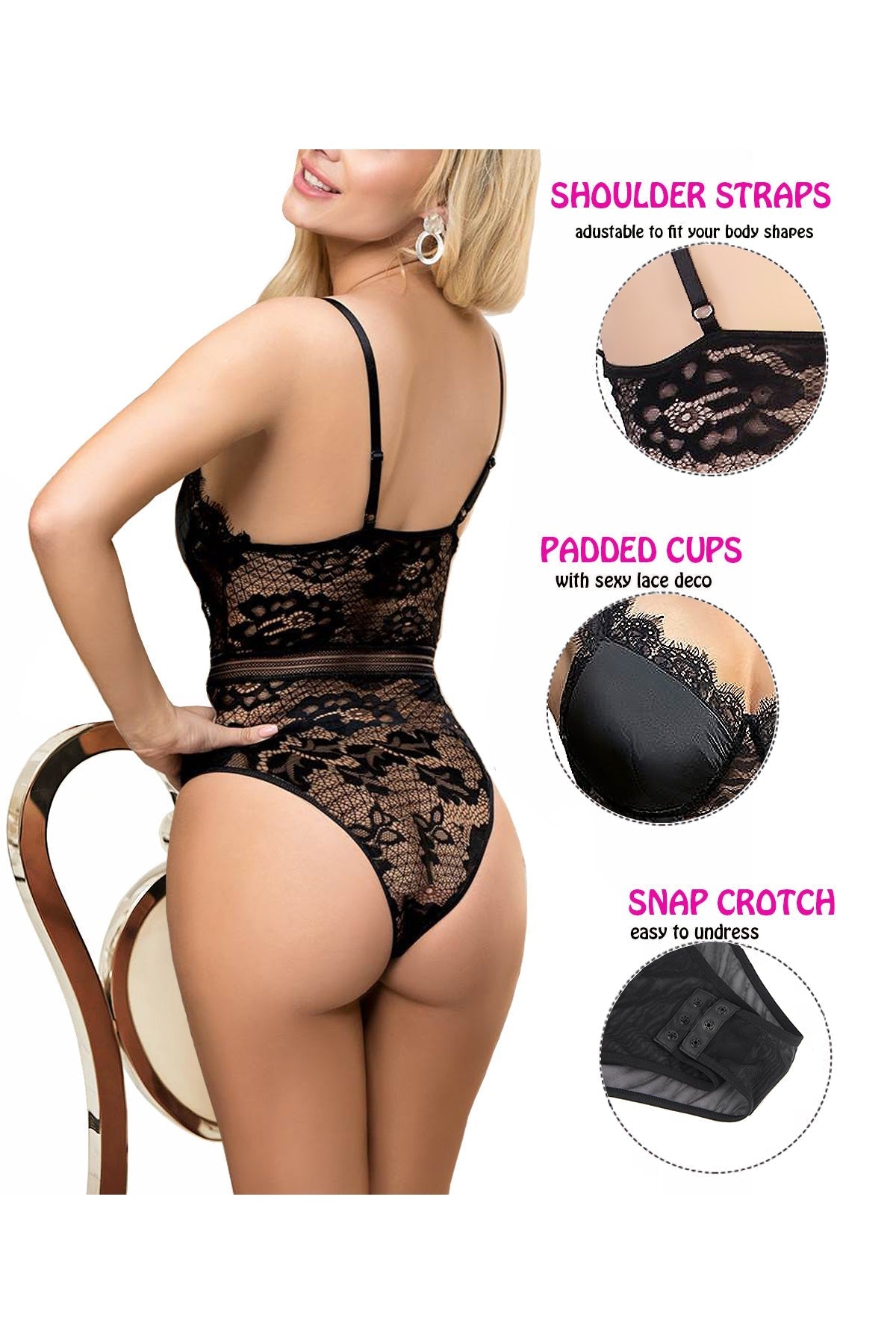 Ladies Sexy Satin Lace Combo Teddy-Bodysuit available in Blk, Nude or White