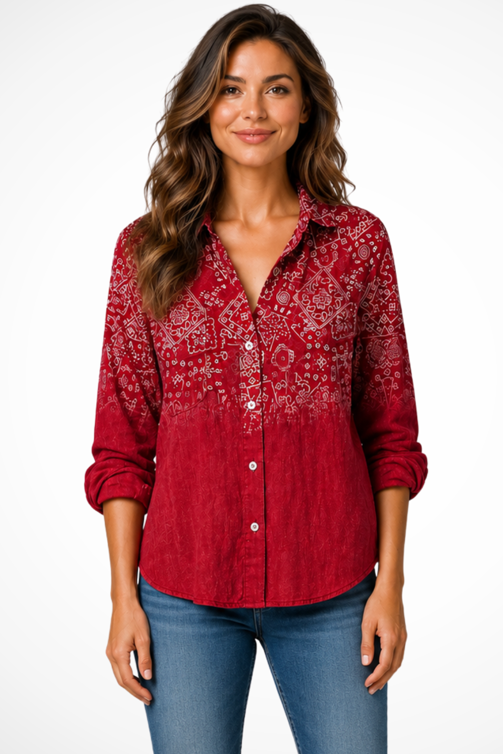 Belladonna — Lightweight Bohemian Print Blouse With Relaxed Roll-Up Sleeve Style Red