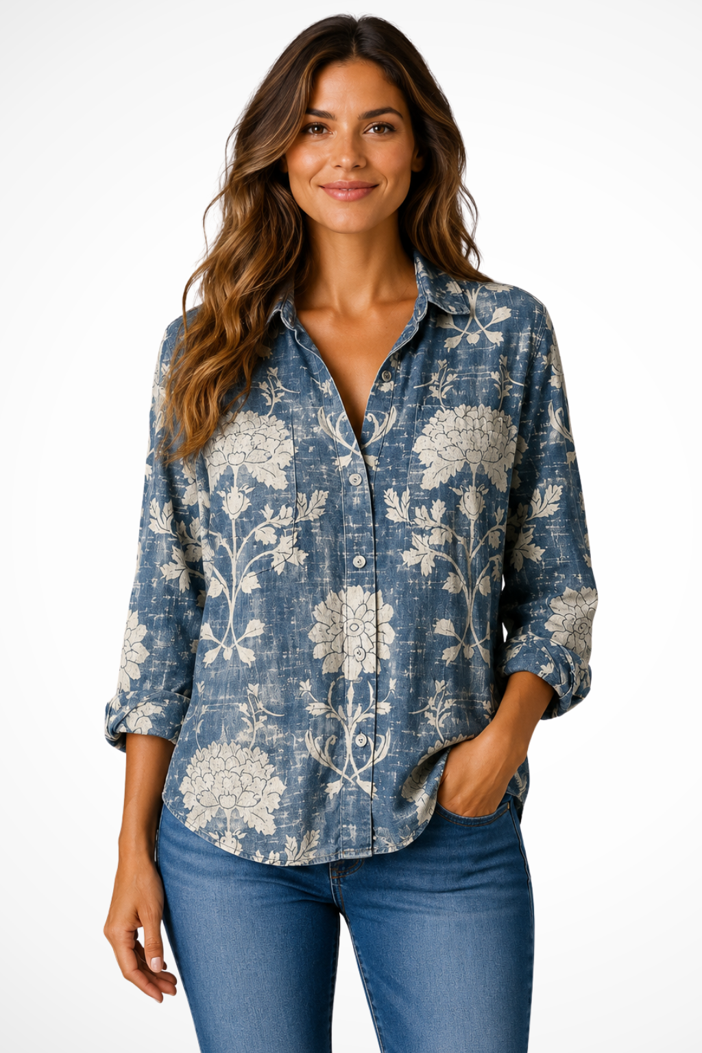 Belladonna — Lightweight Bohemian Print Blouse With Relaxed Roll-Up Sleeve Style Blue
