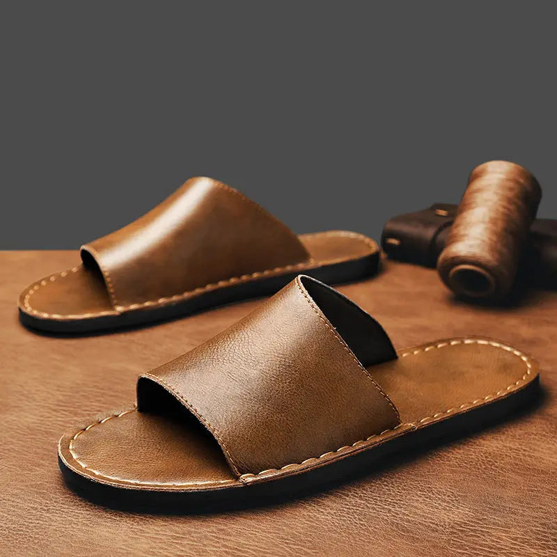 Wideslide — Minimalist Leather Slide Sandals With Comfortable Wide Strap Summer Design Brown