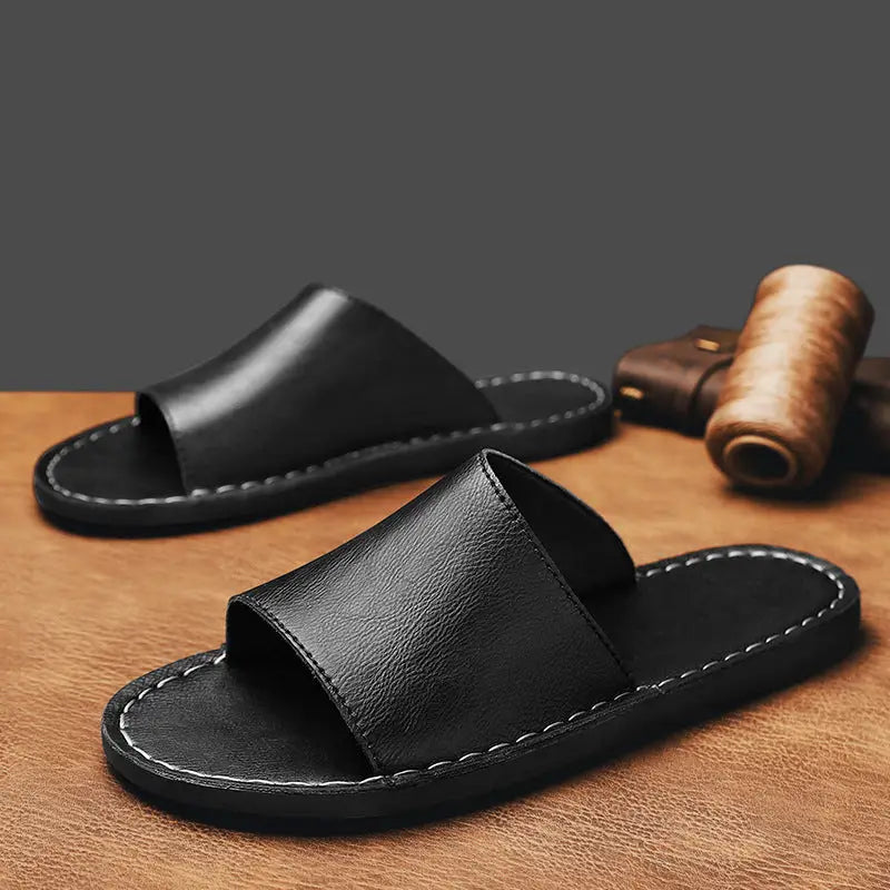 Wideslide — Minimalist Leather Slide Sandals With Comfortable Wide Strap Summer Design Black