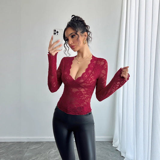 Sexy Lace Slim V neck Long Sleeved T shirt Top for Women