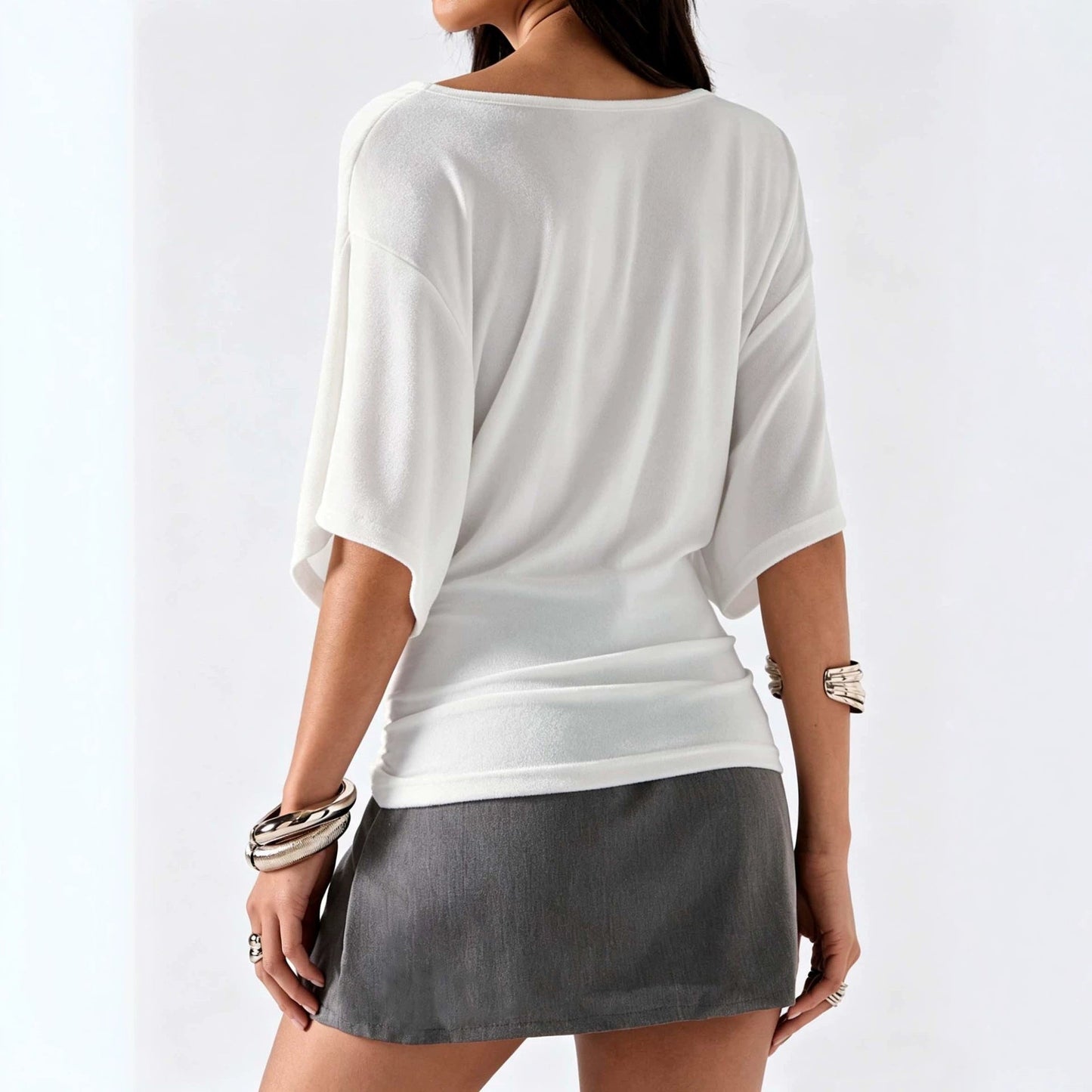 White Deep V neck Batwing Sleeve Top with Shirring on Sides