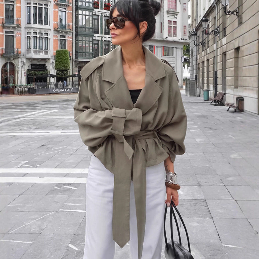Large Collared Lace up Windbreaker Women Coat Olive