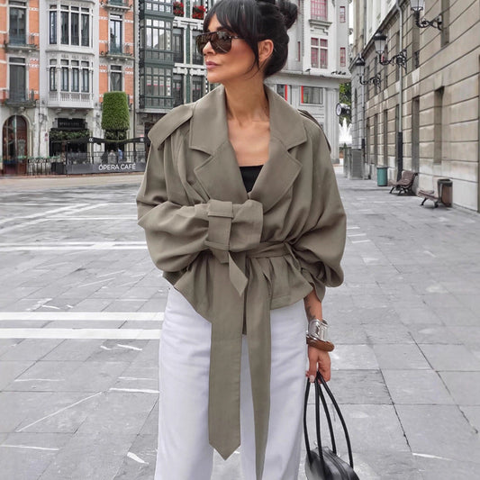Large Collared Lace up Windbreaker Women Coat Olive