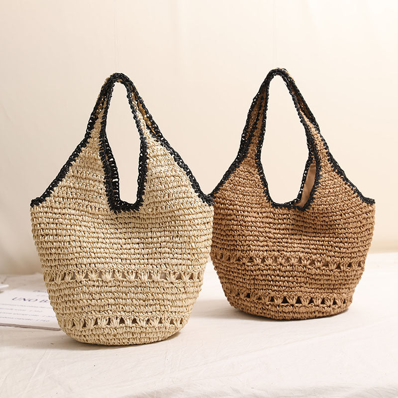 Large Shoulder Out Cutout Portable Straw Beach Bag Woven