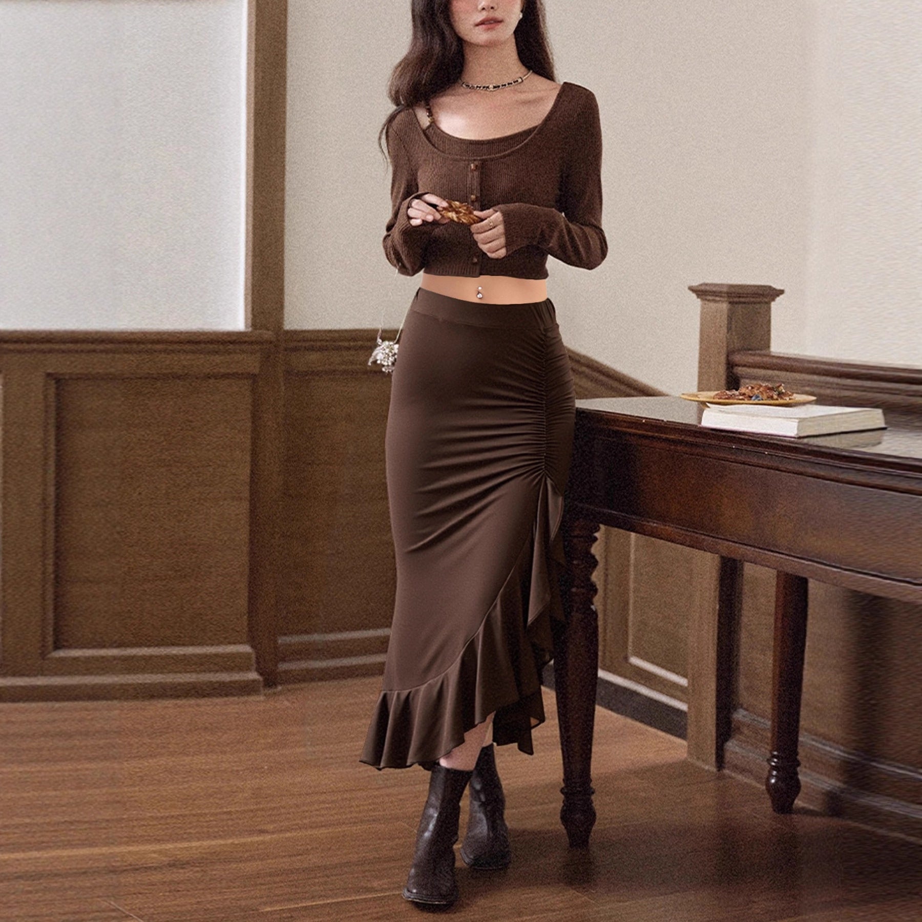 Brown Irregular Asymmetric Ruffled Skirt Y2K