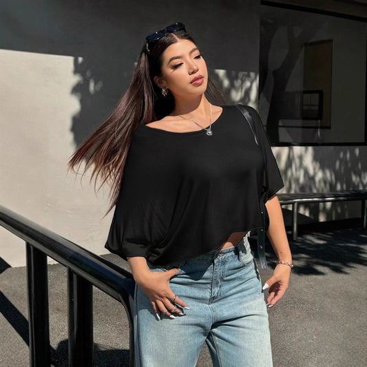 Plus Size Women Clothing Summer Loose Slimming Casual off Shoulder Half Sleeve T shirt