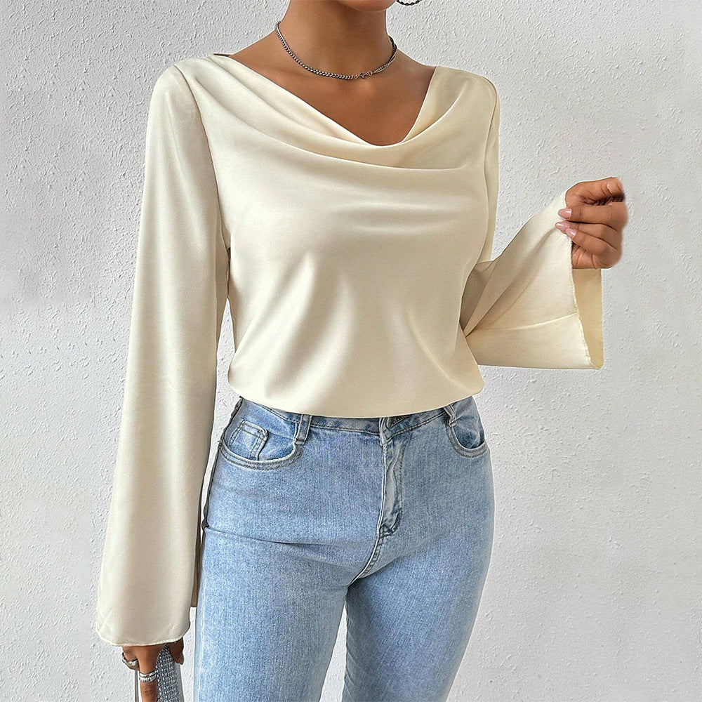 Ladies Long Bell Sleeve Satin Cowl Off White Neck Top Apricot