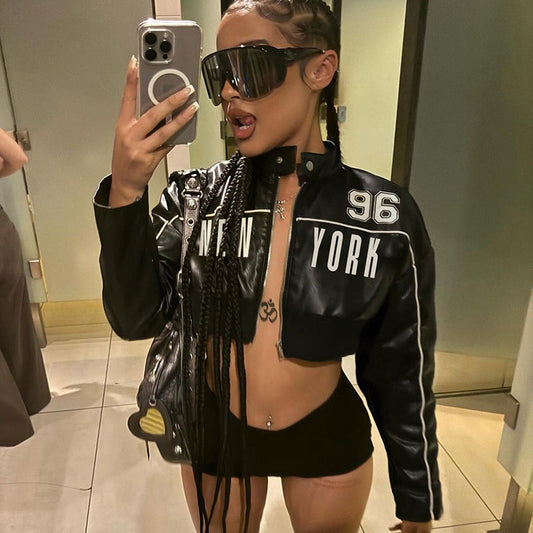 Pleather Vegan Leather Contrast Color Bud Stripe Numbers Cropped New York