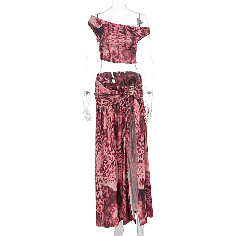 Sexy Pink Animal Print Off Shoulder Crop Top with Matching Maxi Skirt High Slit Multi