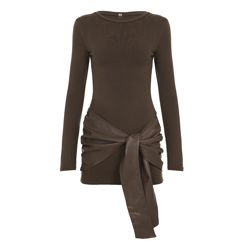 Sexy Long Sleeve Crew Neck with Vegan Leather Sash In Black or Coffee Brown