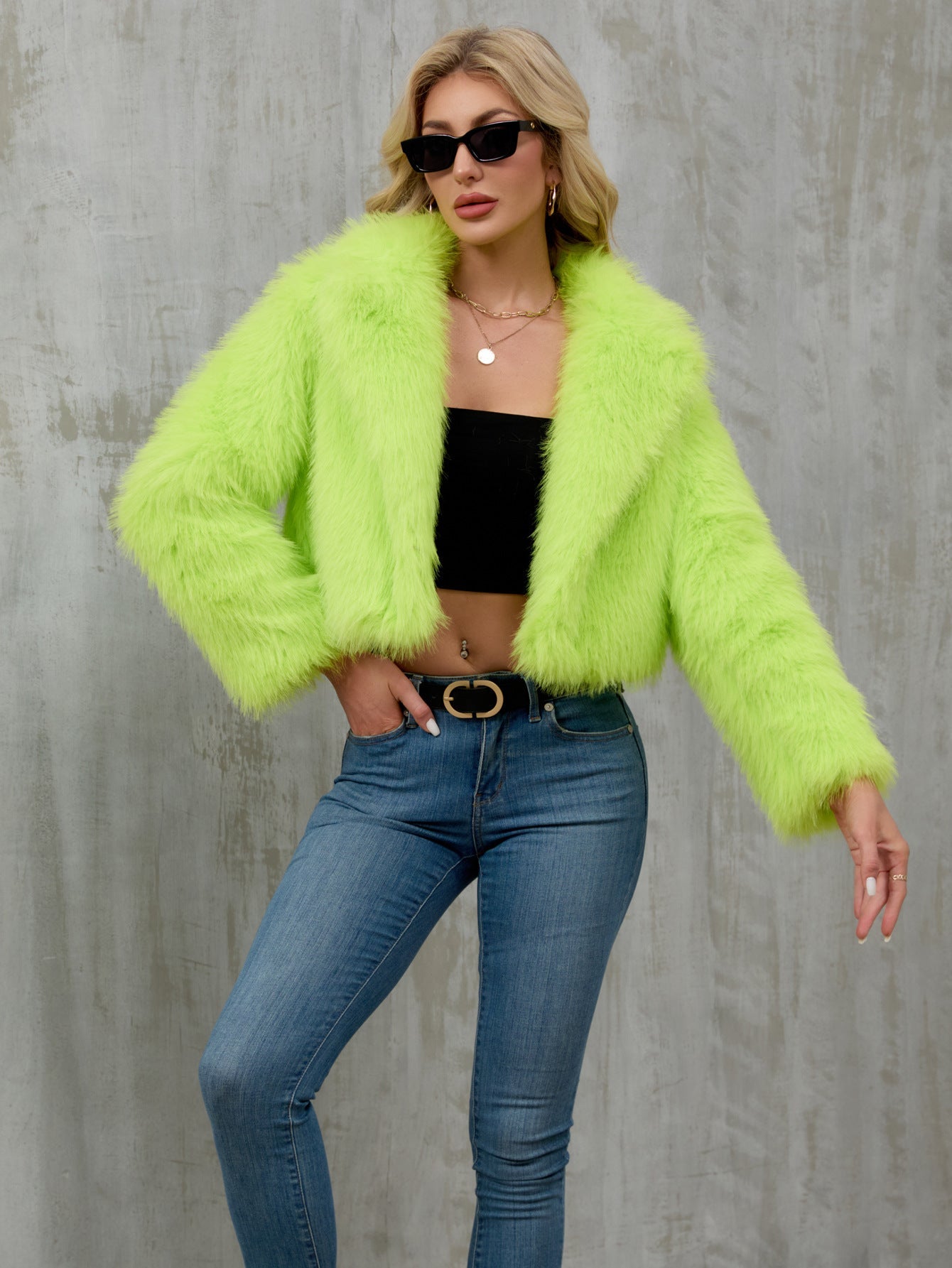 Plush Short Jacket Faux Fur Coat Suit Collar Outer Coat fluorescent green
