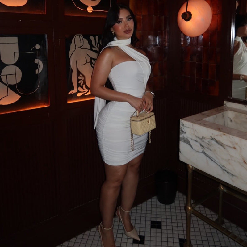 Sexy Halter Shirred Mini Tube Dress with Scarf Detail