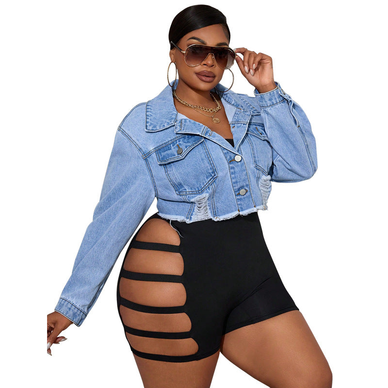 Plus Size Women Clothing Long Sleeve Ripped Denim Jacket Light Blue