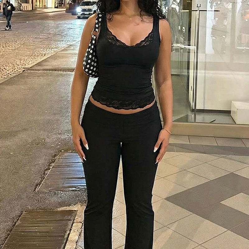 Simple Cami Tank with Lace Peekaboo Insert , Black
