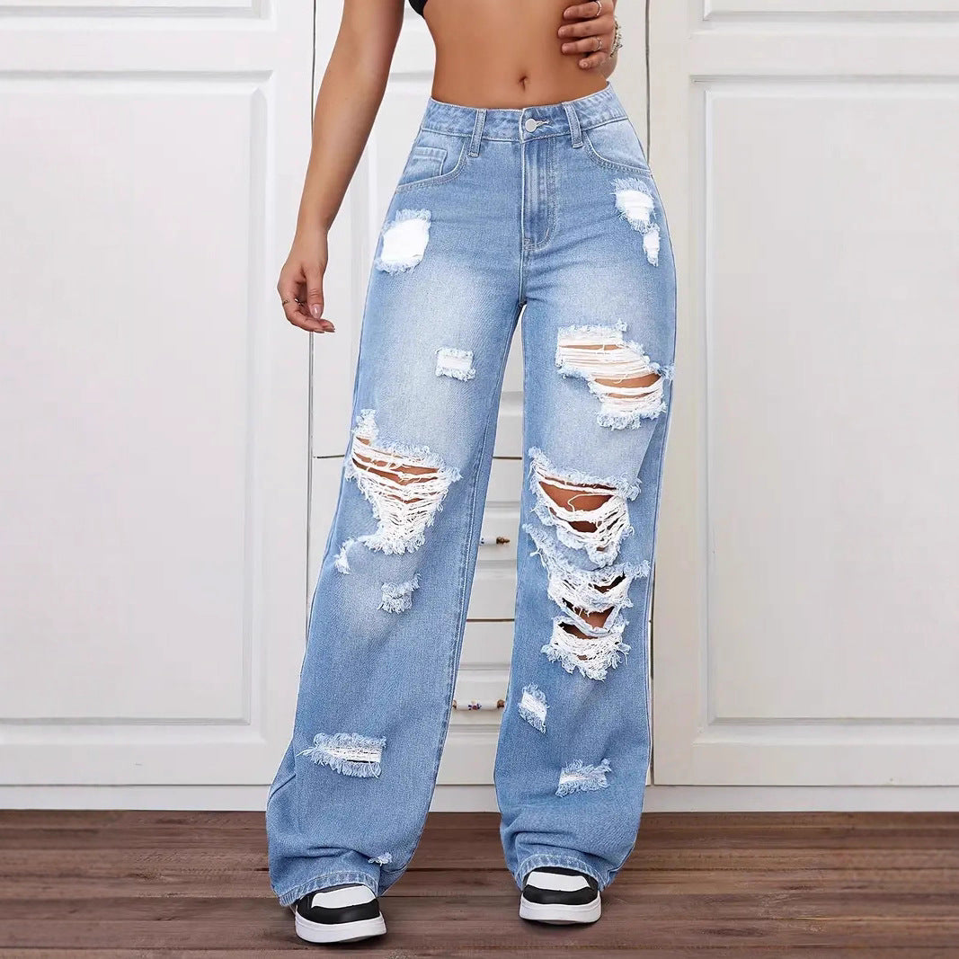 Ripped Jeans Washed High Waist Straight All Matching Loose Denim Trousers Women Jeans Blue