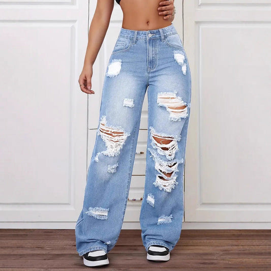 Ripped Jeans Washed High Waist Straight All Matching Loose Denim Trousers Women Jeans Blue