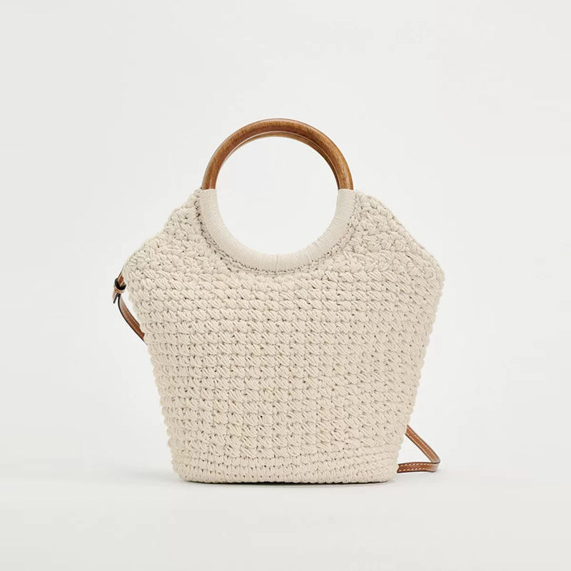 Large Tote White with Brown Handle Straw Beach Bag One Size Cotton Thread round Handle Twist
