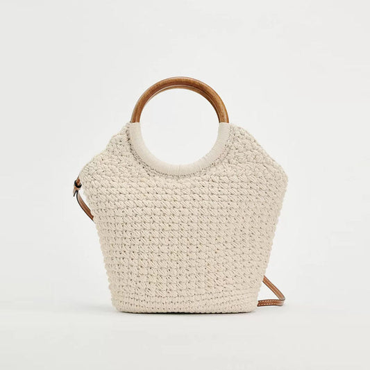 Large Tote White with Brown Handle Straw Beach Bag One Size Cotton Thread round Handle Twist