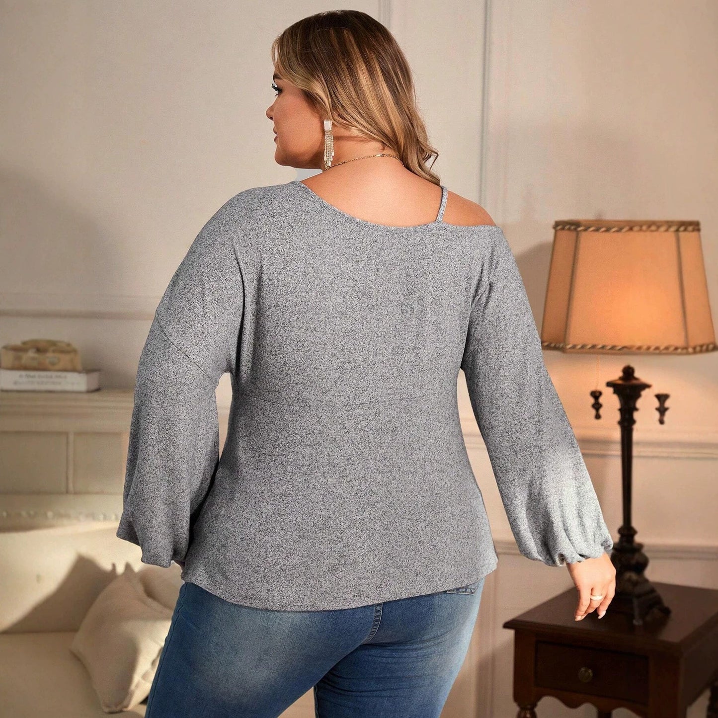 Plus Size Women Clothes off Shoulder Twisted Long Sleeved T shirt Metal Buckle Shoulder Strap Loose Slimming Top