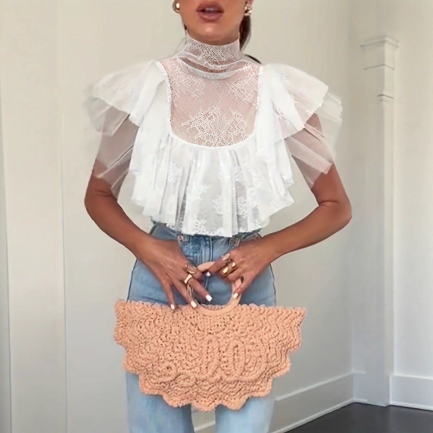 White Lace Cropped Mock Neck Ruffle Top White
