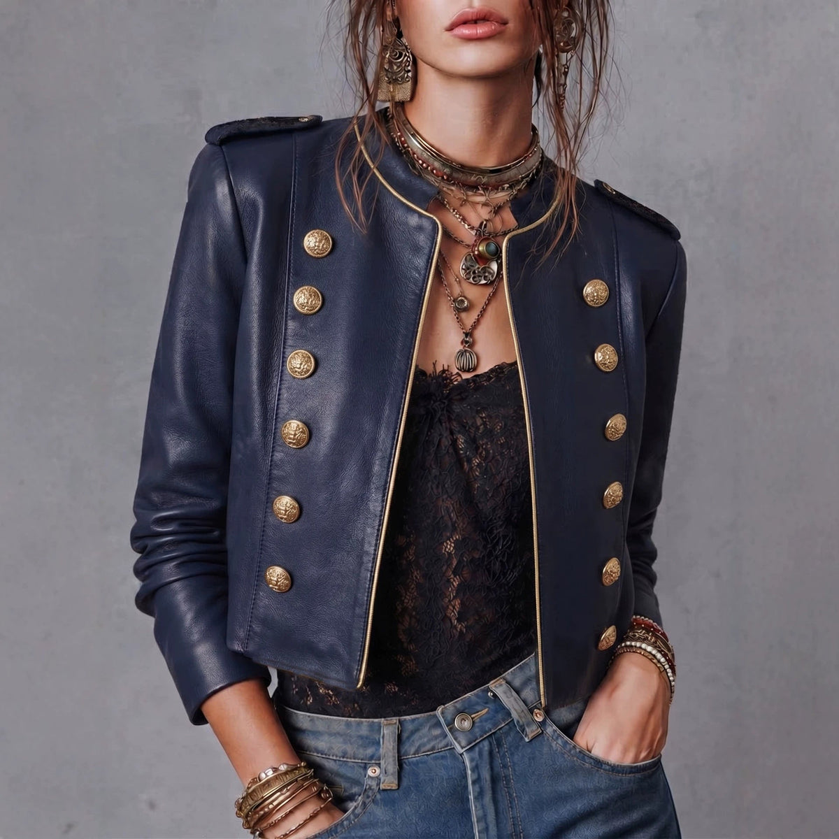 Vintage Double Breasted Faux Leather Military Jacket w/ Gold Buttons
