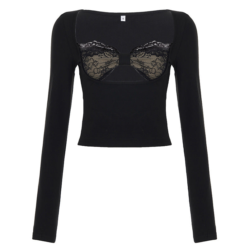 Black Sexy Split Twist Top w/ Black Lace Bra Insert Black