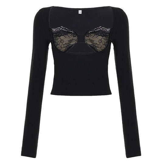 Black Sexy Split Twist Top w/ Black Lace Bra Insert Black