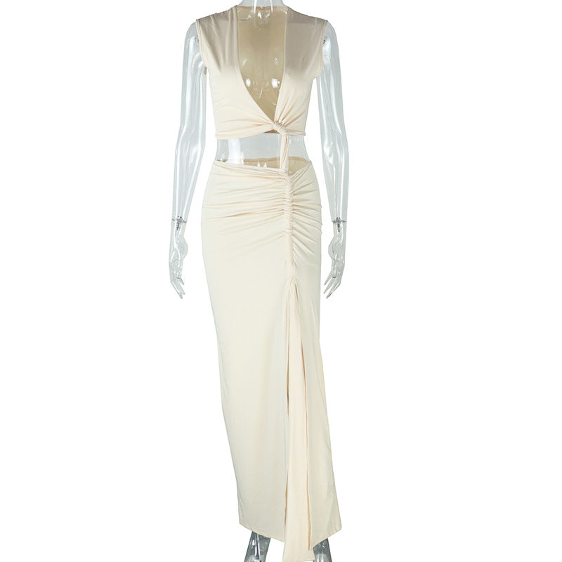 Sexy Women Oblique V neck off Shoulder Sleeveless Irregular Asymmetric Slit Beige