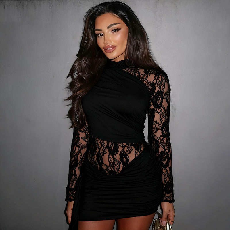 Long Sleeve Lace Combo Short Date Night Club Dress In Black or White Black