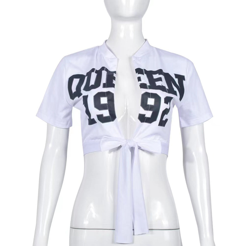 Graphic 2k Vibe Short Sleeve Lace up Sexy T shirt Top White