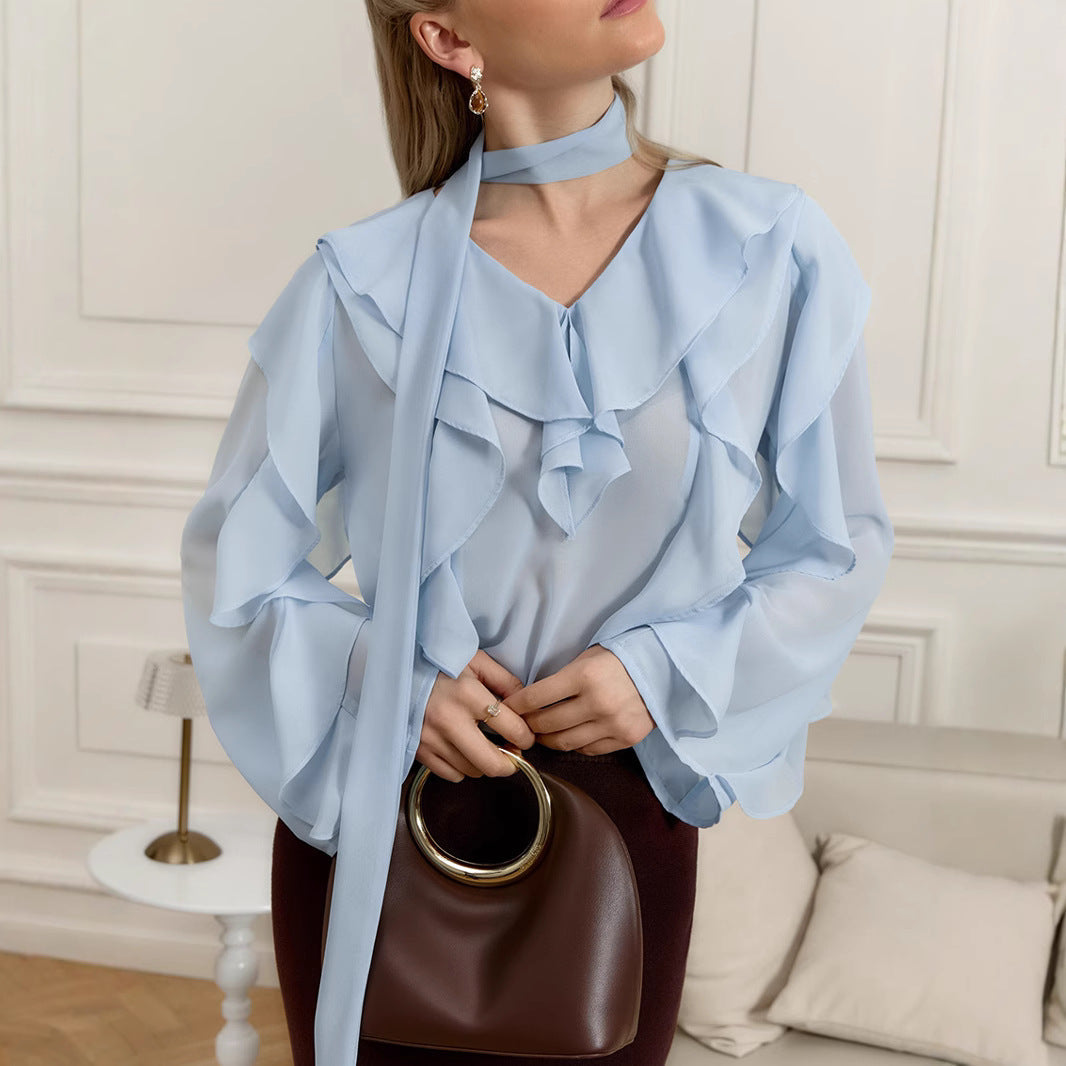 V neck Flounce Long Sleeve Loose Shirt Design Office All Matching Top Blue
