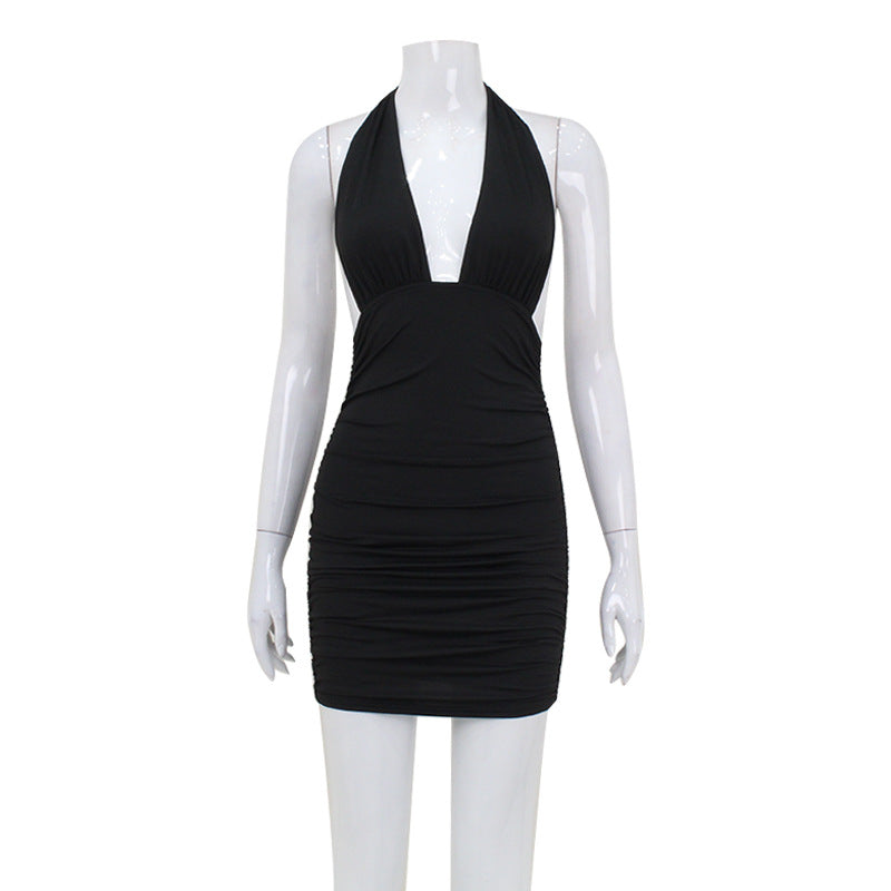 Y2K Sexy Deep V Neck Halter Mini Dress with Shirring in Blk or White Black
