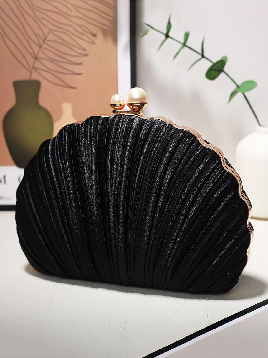 Shell Evening Bag Pleated Clutch Black