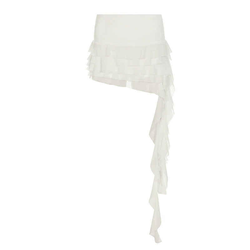 Streamer Tiered Skirt Bohemian Solid Color Pleated Ruffles Irregular Asymmetric Skirt White