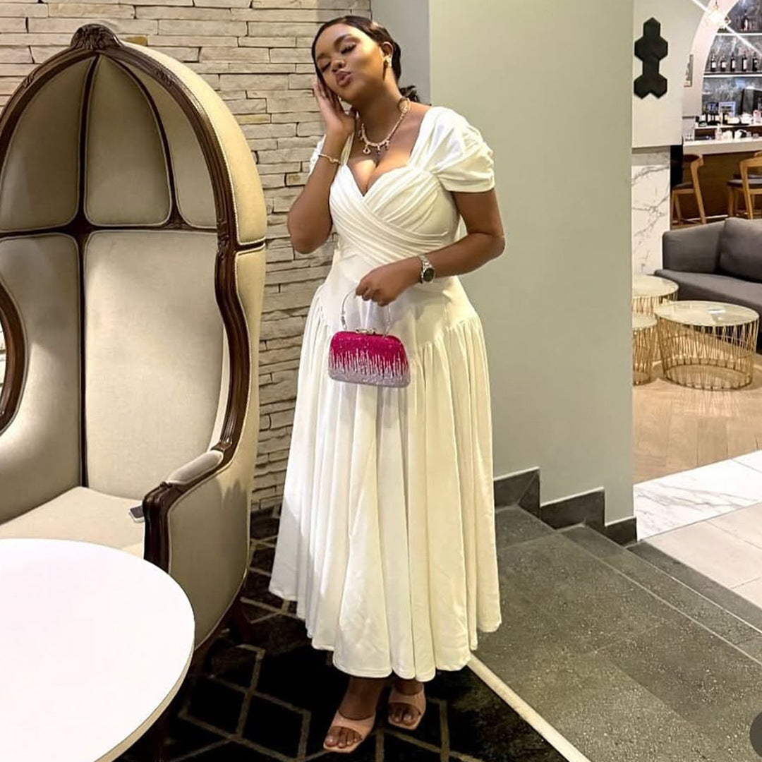 Plus Size Elegant Long Tube Top Collar Cinched Cap Sleeve Dress
