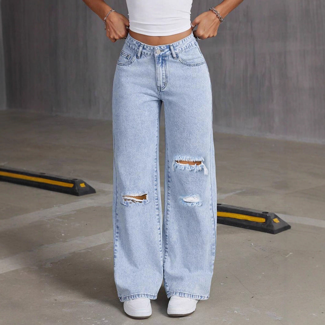 Wide Leg High Waist Cuffed Denim Jeans Light Blue