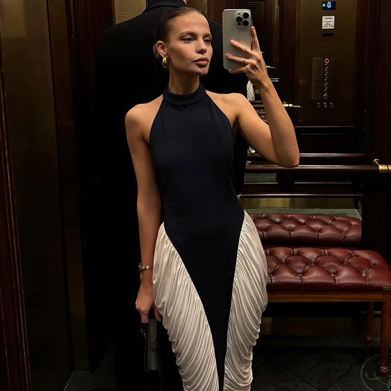 Sexy Halter Backless Pleated Contrast Color Slim Fit Sheath Dress