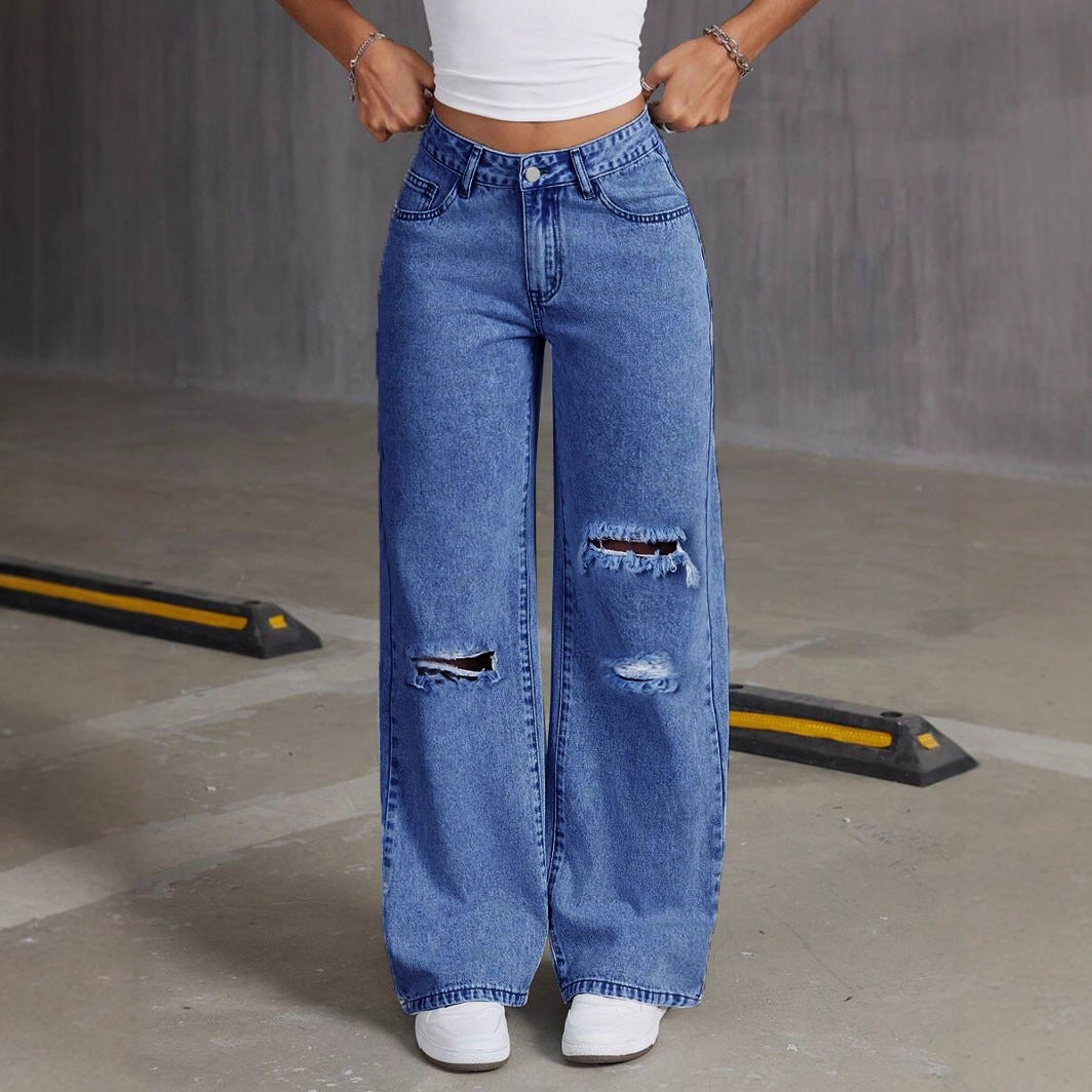 Wide Leg High Waist Cuffed Denim Jeans Navy Blue