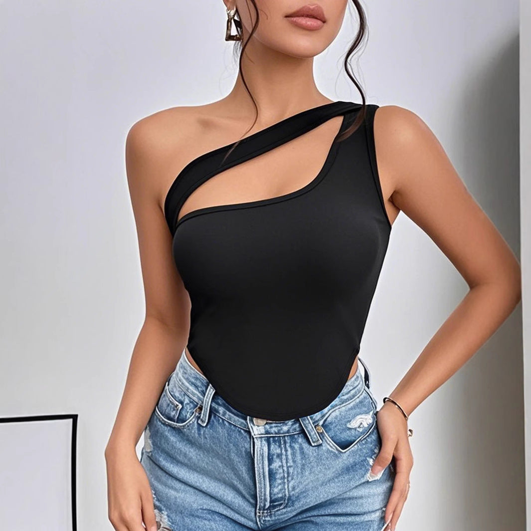 Slim Fit Irregular Asymmetric Shoulder High Grade Vest T shirt Black