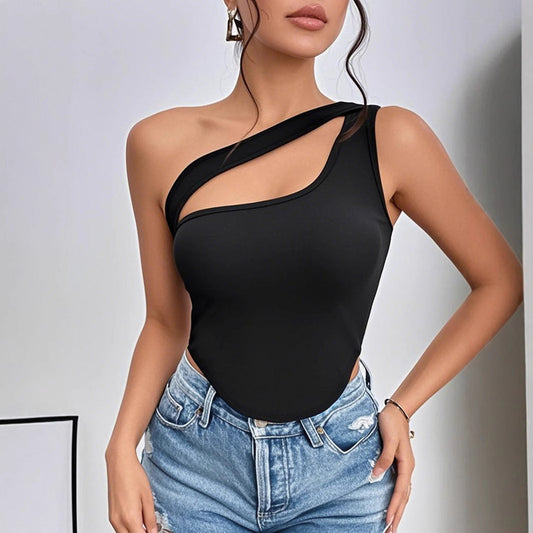 Slim Fit Irregular Asymmetric Shoulder High Grade Vest T shirt Black