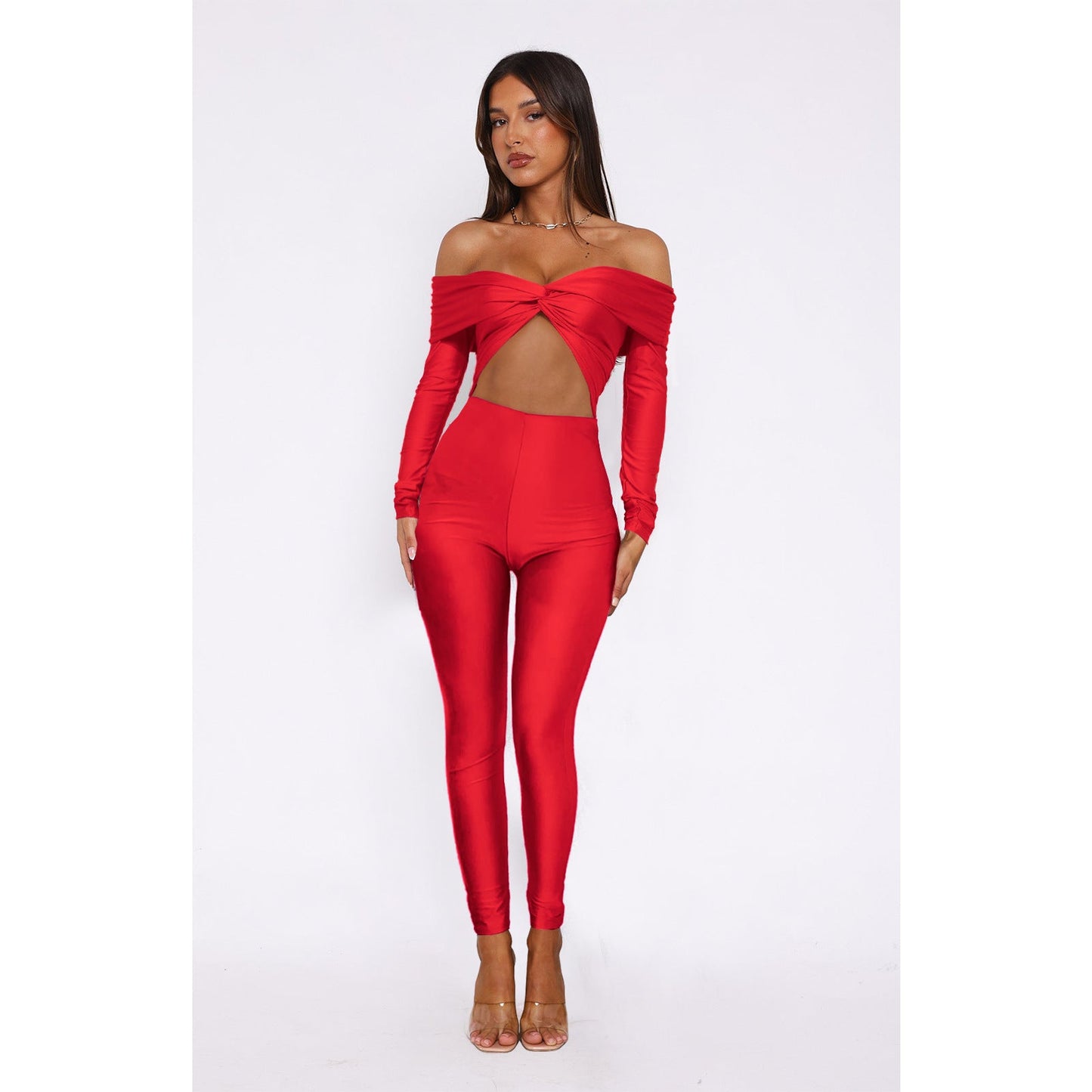 Ladies Sexy Twist Hollow Out Cutout Cropped High Waist Long Sleeve Jumpsuit