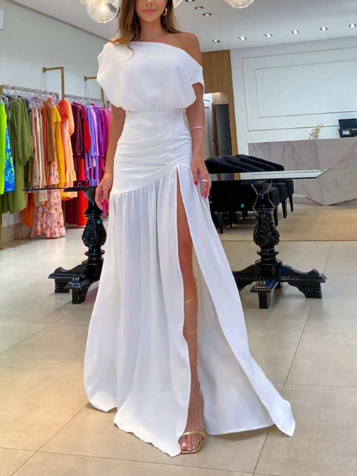 Elegant Slant Neck Slit Floor-Mounting Maxi Dress White