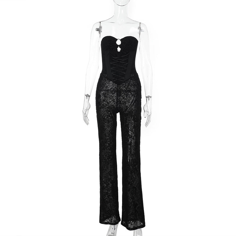Metal Hollow Out Cutout See through Flocking Strap Lace Tube Top Jumpsuit Black