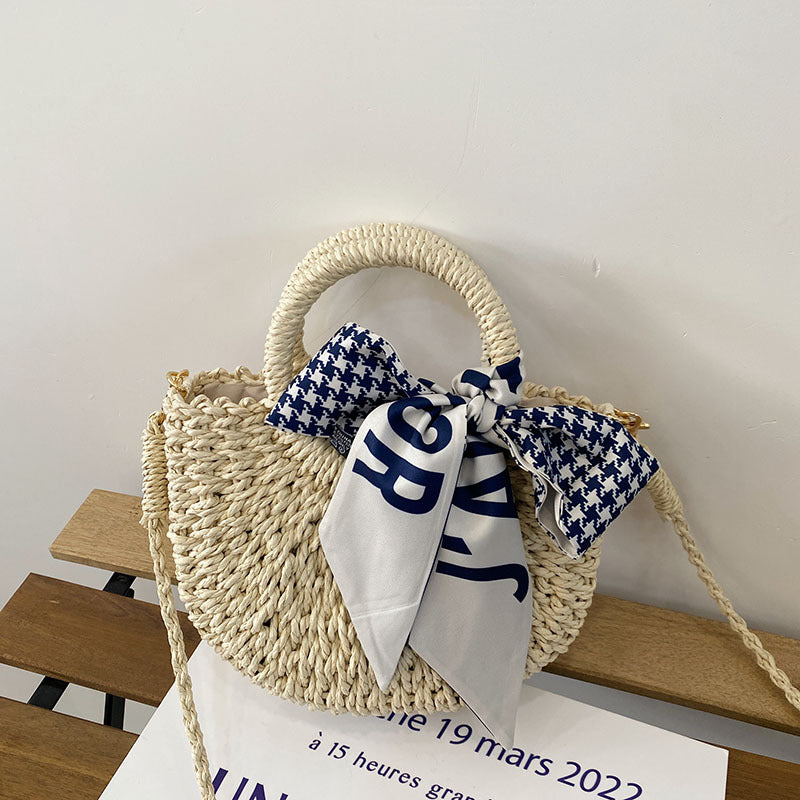 Cute Crossbody Straw Bag Plaid Scarf Portable Straw Bag Vacation Beach Bag One Size Houndstooth Mini Size M