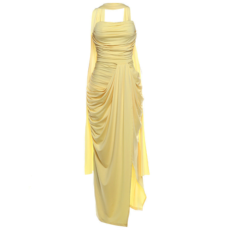 Long Shirred Tube Top Grecian Like Tube Dress w/ Scarf Yellow