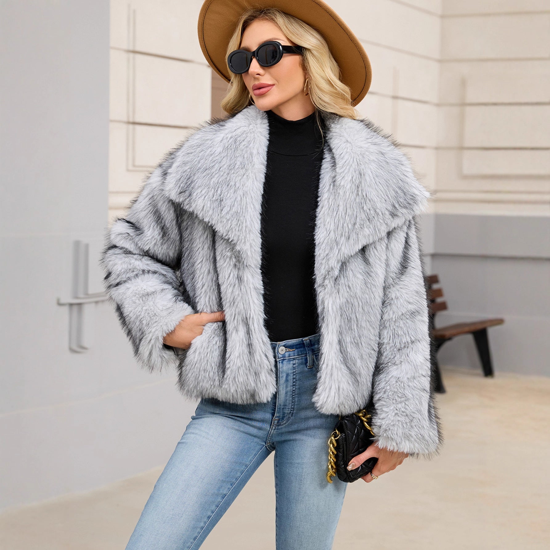 Faux Fur Warm Fluffy Coat with Large Collar White Silk